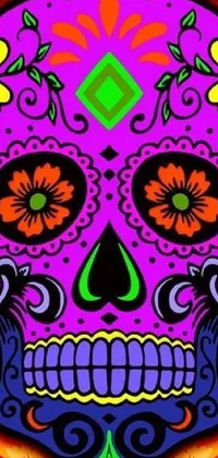 This live wallpaper displays a colorful sugar skull adorned with flowers in a vibrant, psychedelic art style