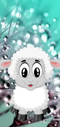 This phone live wallpaper showcases a sheep on a lush green field with crystal glow eyes that gleam silver and surrounded by playful bubbles