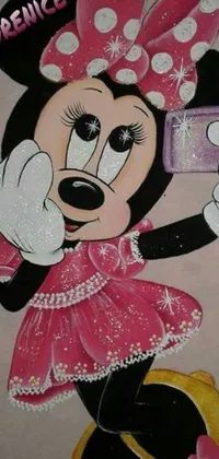 This phone live wallpaper depicts Minnie Mouse holding a modern cell phone in a dreamy airbrush style that shimmers with glitter animation