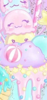 This phone live wallpaper showcases two adorable cupcakes on a table against a pastel backdrop reminiscent of Lisa Frank
