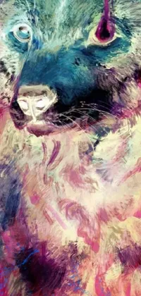 This phone live wallpaper showcases a digital painting of a furry dog with a blue and pink colour splash backdrop in intense watercolor
