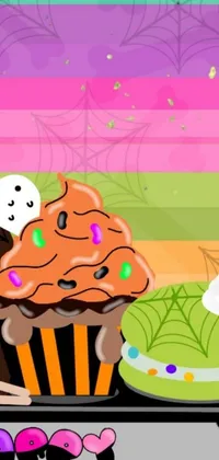 This phone live wallpaper showcases a cute animated cupcake standing atop a table
