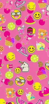 Looking for a fun and playful phone live wallpaper? Look no further than this cheerful design! Featuring animated smiley faces in various poses and expressions on a lively pink background, this wallpaper is inspired by whimsical and fun designs