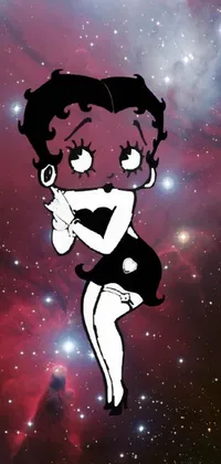 This phone live wallpaper features a playful cartoon woman in a black dress against a stunning background of space art