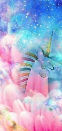 This phone live wallpaper depicts a magical unicorn seated atop a vibrant pink flower with outer space serving as the background