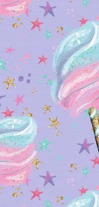This phone live wallpaper is a sweet and whimsical design featuring a pattern of ice cream and stars against a vibrant purple background