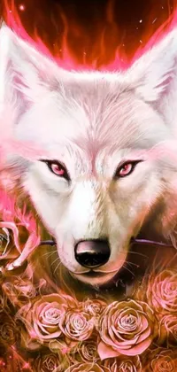 Enhance your phone's display with this ravishing, airbrush digital art phone live wallpaper that portrays a regal white wolf with gleaming, pink laser eyes surrounded by a cluster of stunningly portrayed roses that astonish
