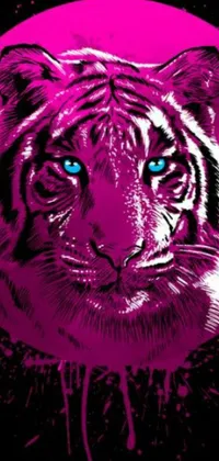 This live phone wallpaper features a stunning purple tiger with blue eyes set against a black background
