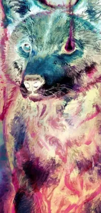 This live wallpaper features a colorful, furry cat painting in mixed media style