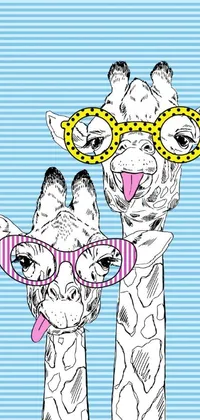 This phone live wallpaper displays a playful and trendy pop art design featuring two giraffes donning fashionable sunglasses on a cheerful blue background