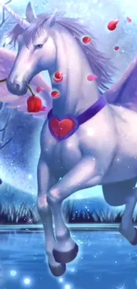 This phone live wallpaper showcases a magnificent image of a winged horse holding a heart in its mouth