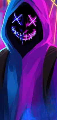 Looking for a truly unique and eye-catching phone wallpaper? This live wallpaper features a mysterious figure wearing a neon mask that is perfect for fans of cyberpunk and sci-fi genres