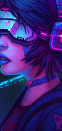 This phone live wallpaper showcases a close-up of a person wearing headphones in a cyberpunk style