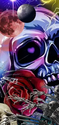 This phone live wallpaper features two skulls, an airbrush painting with sots art style