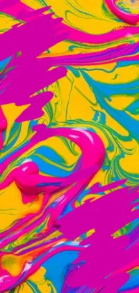 This live wallpaper for your phone is a digital art piece featuring a vibrant painting of pink and blue swirls on a yellow backdrop