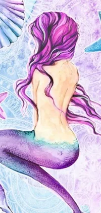 This mesmerizing live phone wallpaper features an ultra-detailed digital painting of a mermaid in the classic starfish pose