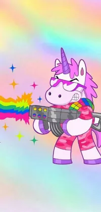 This live phone wallpaper features a Lisa Frank-inspired unicorn in battle armor riding a rainbow