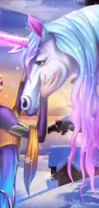 This enchanting live wallpaper features a girl petting a unicorn in a winter wonderland