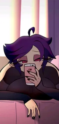 This live wallpaper showcases a person lounging on a couch, engrossed in their cell phone, against a serene amethyst backdrop
