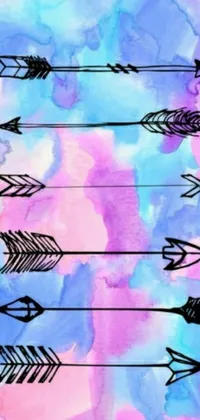 Looking for a beautiful and artistic live wallpaper for your mobile phone? Check out this watercolor wallpaper featuring a row of black arrows on a background of soothing blues, pinks, and purples