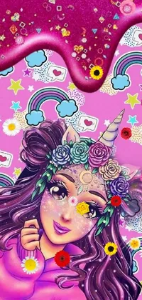 Featuring a whimsical and detailed cartoon style, this phone live wallpaper showcases a vibrant image of a young girl with a unicorn perched on her head set against a bright and colourful fantasy landscape