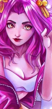This live phone wallpaper features a gorgeous anime-style drawing of a woman with eye-catching pink hair