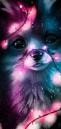 This live phone wallpaper showcases a close-up shot of a dog sporting colorful lights on its face
