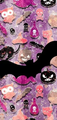 This phone wallpaper features a close-up of a bat on a purple background, with cartoon ghosts and a scrolling mist effect adding to the Halloween atmosphere