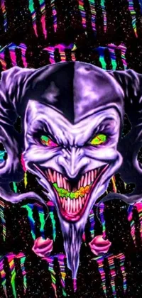 This phone live wallpaper showcases a mesmerizing digital artwork of a close-up of a joker face