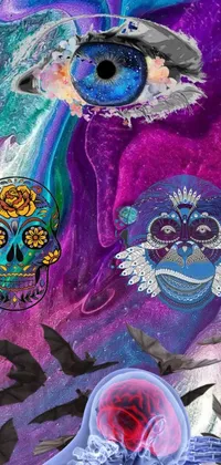 This phone live wallpaper showcases a group of vibrant sugar skulls sitting atop a table