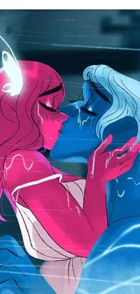 This live wallpaper features a romantic man and woman kissing in the rain, portrayed in a Steven Universe art style