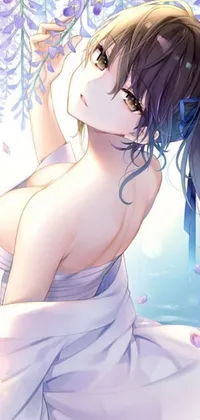 Looking for a stunning phone live wallpaper? Look no further than this beautiful anime drawing! Created in a traditional "shin hanga" style, this artwork depicts a serene woman in white dress seated in a body of water
