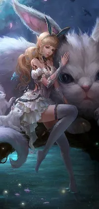 This fantasy live wallpaper showcases a mystical scene featuring a woman seated on top of a white cat with bunny legs
