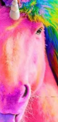 This lively phone live wallpaper captures a close-up of a horse sporting a colorful rainbow mane against a simple background