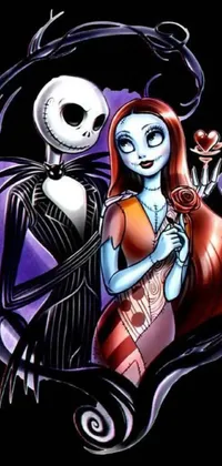 This phone live wallpaper features an endearing cartoon of a couple sitting together in a unique gothic art style