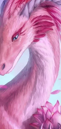 This phone live wallpaper features a digital painting of a dragon with pink hair surrounded by pink petals and sparkles, creating a vibrant and mystical atmosphere on your device