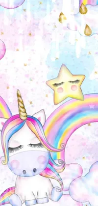 Decorate your phone screen with this adorable live wallpaper of a unicorn sitting on top of a cloud next to a rainbow