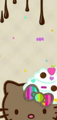 This live wallpaper features a delightful Hello Kitty image with a colorful cupcake perched on top
