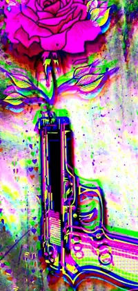 This phone wallpaper showcases a pink rose perched atop a gun against a psychedelic cyberpunk background