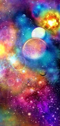 This phone live wallpaper features stunning digital art, with two planets and a galactic scenes surrounding them! An ethereal rainbow bubble effect adds to the dreamy feel of the wallpaper, while a floating galactic DMT entity observes the universe