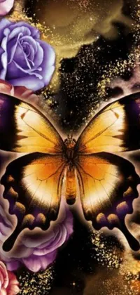 This phone live wallpaper features a stunning butterfly sitting on a bunch of flowers with an airbrush painting style