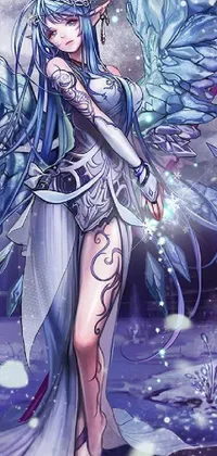 This live phone wallpaper depicts a fantasy scene of a captivating elf with a blue hairstyle standing in the snow with wings in a detailed drawing