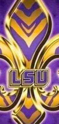This live phone wallpaper features a purple and gold fleuret with the letters 'LSU' adorning it