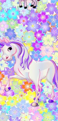 This live wallpaper for your phone showcases a stunning unicorn gracefully standing in a beautiful colorful field of flowers