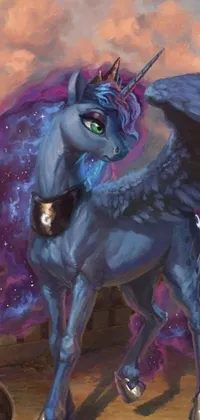 This phone live wallpaper showcases a magnificent blue horse adorned with a striking purple mane, set against a Hearthstone-inspired trading card background