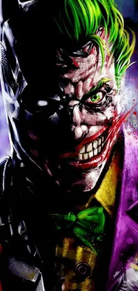 This phone live wallpaper showcases a stunning portrait of the Joker, an infamous comic book villain, with green hair and a devilish grin