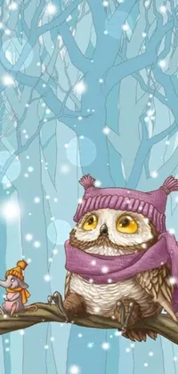 This live phone wallpaper depicts a cute cartoon owl perched on a tree branch on a rainy day
