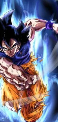 This phone live wallpaper features a unique CGI animation of Goku from Dragon Ball, showcasing his blue fire powers as he casts a spell to rescue someone from the underworld