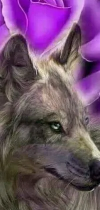 If you're looking for a unique phone wallpaper, you'll love this airbrush painting of a wolf and a purple rose against a fantasy-like background