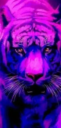 Looking for a unique and eye-catching live wallpaper for your phone? Look no further than this amazing design featuring a close-up of a tiger's face, set against a vibrant purple background
